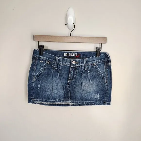 Vtg Hollister Pleated Denim Mini Skirt Low Rise Y2K Distressed Size 0 - Picture 1 of 9